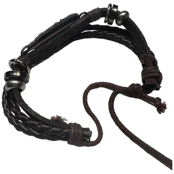 Brown Leather Braided Bracelet with Beads and Leaf Detail - Picture 5 of 7